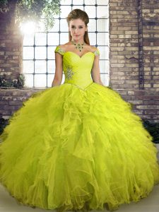 Deluxe Yellow Green Ball Gowns Beading and Ruffles Quinceanera Dresses Lace Up Tulle Sleeveless Floor Length