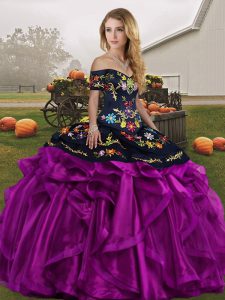 Popular Off The Shoulder Sleeveless 15 Quinceanera Dress Floor Length Embroidery and Ruffles Black And Purple Organza