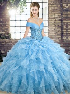 Sumptuous Brush Train Ball Gowns Sweet 16 Dresses Blue Off The Shoulder Organza Sleeveless Lace Up
