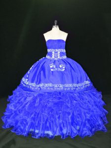 Blue Strapless Neckline Embroidery and Ruffles Ball Gown Prom Dress Sleeveless Lace Up