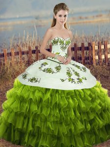Olive Green Sleeveless Embroidery and Ruffled Layers and Bowknot Floor Length Sweet 16 Quinceanera Dress