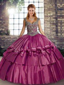 Beautiful Floor Length Lace Up Quinceanera Dresses Fuchsia for Military Ball and Sweet 16 and Quinceanera with Beading and Ruffled Layers