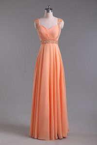 Cheap Orange Sleeveless Floor Length Beading and Ruching Backless Prom Evening Gown