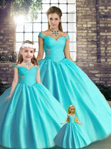 Dynamic Aqua Blue Ball Gowns Tulle Off The Shoulder Sleeveless Beading Floor Length Lace Up 15th Birthday Dress