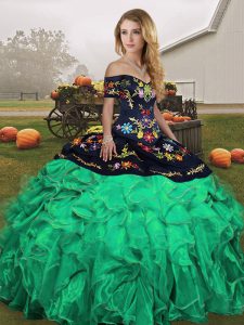 High Class Sleeveless Organza Floor Length Lace Up Sweet 16 Dresses in Green with Embroidery and Ruffles
