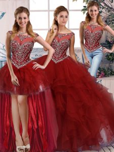 Top Selling Burgundy Three Pieces Scoop Sleeveless Organza Floor Length Zipper Beading and Ruffles Sweet 16 Quinceanera Dress