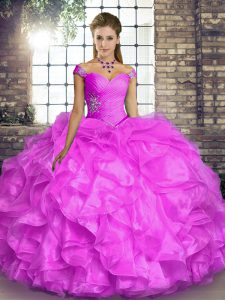 Off The Shoulder Sleeveless Quinceanera Dress Floor Length Beading and Ruffles Lilac Organza
