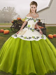 Fancy Floor Length Lace Up Sweet 16 Quinceanera Dress Olive Green for Military Ball and Sweet 16 and Quinceanera with Embroidery
