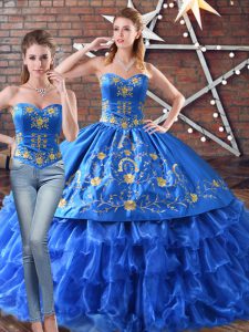 Blue Organza Lace Up Sweetheart Sleeveless Floor Length Ball Gown Prom Dress Embroidery