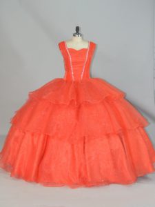 Sophisticated Straps Sleeveless Lace Up Ball Gown Prom Dress Orange Red Organza