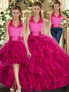 Spectacular Tulle Halter Top Sleeveless Lace Up Ruffles Quince Ball Gowns in Fuchsia