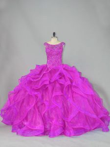 Lace Up Sweet 16 Dress Fuchsia for Sweet 16 and Quinceanera with Beading Brush Train