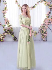 Attractive Yellow Green Quinceanera Court Dresses Wedding Party with Lace and Belt V-neck Half Sleeves Side Zipper