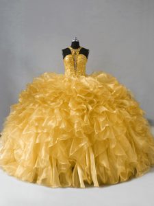 Custom Designed Organza High-neck Sleeveless Zipper Beading and Ruffles Quinceanera Dress in Gold