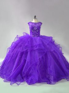 Purple Ball Gowns Scoop Sleeveless Organza Brush Train Lace Up Beading and Ruffles Vestidos de Quinceanera