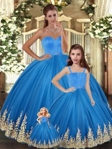 Colorful Blue Ball Gowns Tulle Sweetheart Sleeveless Embroidery Floor Length Lace Up 15 Quinceanera Dress