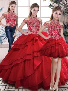 High Quality High-neck Sleeveless Lace Up Quinceanera Gown Red Organza