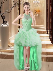 Modest Apple Green Lace Up Halter Top Beading and Ruffles Prom Party Dress Tulle Sleeveless