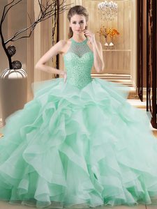 Custom Design Apple Green Sleeveless Organza Brush Train Lace Up Ball Gown Prom Dress for Sweet 16 and Quinceanera