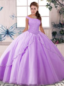 Sophisticated Lavender Tulle Lace Up Off The Shoulder Sleeveless Vestidos de Quinceanera Brush Train Beading