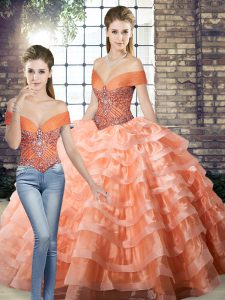Best Selling Peach Sleeveless Organza Brush Train Lace Up Quinceanera Gowns for Military Ball and Sweet 16 and Quinceanera