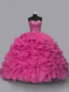 Hot Pink Sleeveless Organza Lace Up 15 Quinceanera Dress for Sweet 16 and Quinceanera