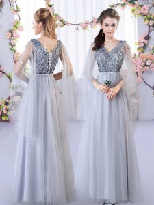 Sleeveless Floor Length Appliques Lace Up Court Dresses for Sweet 16 with Grey