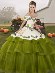 Brush Train Ball Gowns 15 Quinceanera Dress Olive Green Off The Shoulder Tulle Sleeveless Lace Up