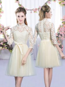 Affordable Champagne Lace Up Quinceanera Dama Dress Bowknot Half Sleeves Mini Length