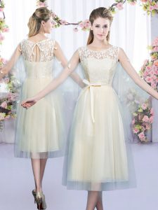 Tea Length Lace Up Vestidos de Damas Champagne for Wedding Party with Lace and Belt