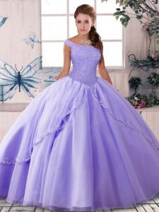 Lavender Quinceanera Dress Tulle Brush Train Sleeveless Beading