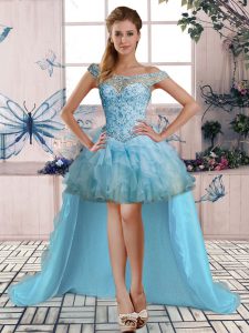 Eye-catching Light Blue Organza Lace Up Off The Shoulder Sleeveless High Low Prom Gown Beading and Ruffles