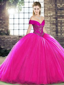 Elegant Fuchsia Quince Ball Gowns Military Ball and Sweet 16 and Quinceanera with Beading Off The Shoulder Sleeveless Brush Train Lace Up