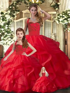 Top Selling Red Quince Ball Gowns Military Ball and Sweet 16 and Quinceanera with Ruffles Halter Top Sleeveless Lace Up
