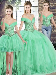 Apple Green Three Pieces Off The Shoulder Sleeveless Tulle Floor Length Lace Up Beading and Ruffles Quinceanera Gown