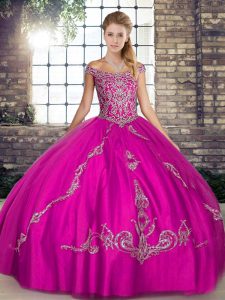 Fuchsia Off The Shoulder Lace Up Beading and Embroidery Sweet 16 Dresses Sleeveless