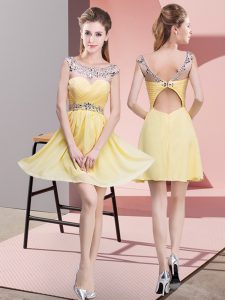 Yellow Backless Homecoming Dress Beading and Ruching Sleeveless Mini Length