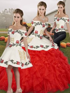 Off The Shoulder Sleeveless Quinceanera Gown Floor Length Embroidery and Ruffles White And Red Organza