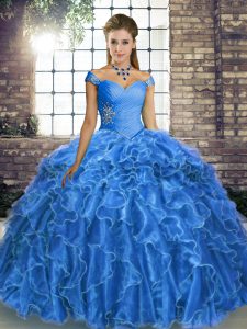 Modern Blue Quinceanera Dresses Off The Shoulder Sleeveless Brush Train Lace Up