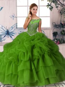 Extravagant Green Scoop Zipper Beading and Pick Ups Ball Gown Prom Dress Brush Train Sleeveless