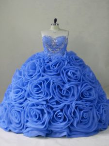Sleeveless Beading Lace Up Quinceanera Dress with Blue Brush Train