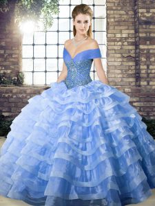 Designer Blue Lace Up Sweet 16 Quinceanera Dress Beading and Ruffled Layers Sleeveless Brush Train
