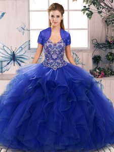 Beading and Ruffles Sweet 16 Quinceanera Dress Royal Blue Lace Up Sleeveless Floor Length