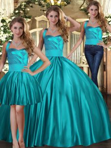 Teal Satin Lace Up 15th Birthday Dress Sleeveless Floor Length Ruching