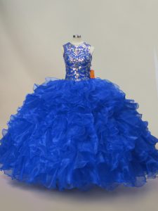 Floor Length Royal Blue Sweet 16 Quinceanera Dress Scoop Sleeveless Lace Up