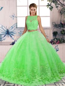 Inexpensive Green Sweet 16 Dresses Tulle Sweep Train Sleeveless Lace