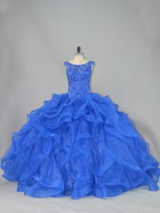 Pretty Sleeveless Organza Brush Train Lace Up Sweet 16 Quinceanera Dress in Royal Blue with Beading and Ruffles