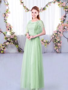 Simple Apple Green Side Zipper Dama Dress for Quinceanera Lace and Belt Short Sleeves Floor Length
