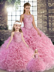 Exceptional Ball Gowns Vestidos de Quinceanera Rose Pink Scoop Fabric With Rolling Flowers Sleeveless Floor Length Lace Up