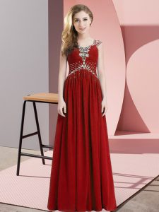 Floor Length Side Zipper Red for Prom and Party and Military Ball with Beading